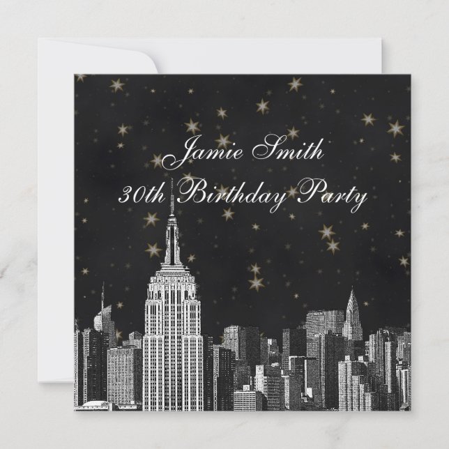 Invitation NYC ESB Skyline Etched Black Starry Birthday Pty (Devant)
