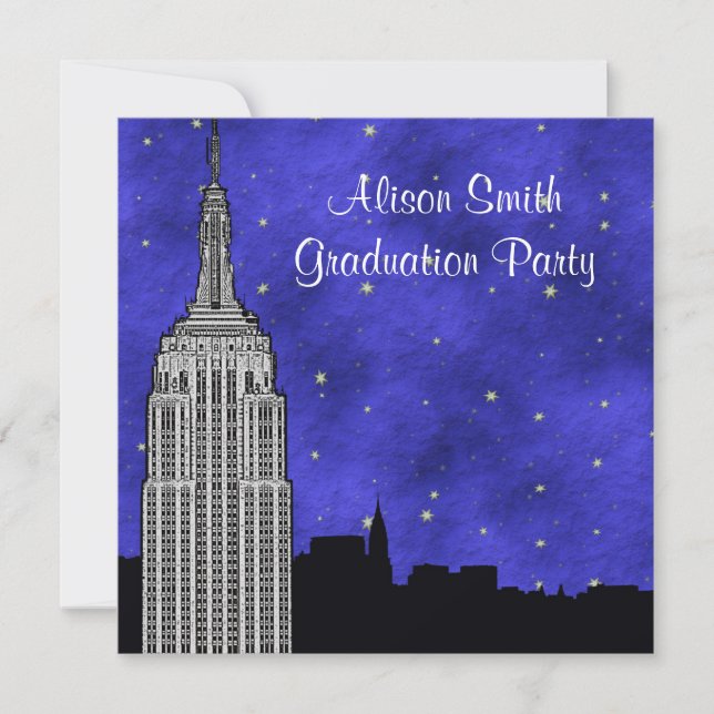 Invitation NYC ESB Skyline Silhouette Blue Starry Graduation (Devant)