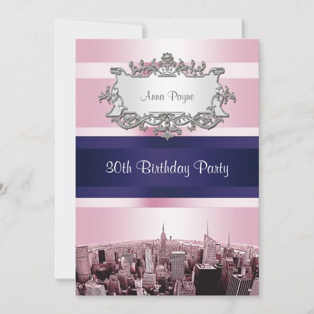 Invitation NYC Etched Skyline 2 Pink BG, Blue Ribbon Annivers (Devant)