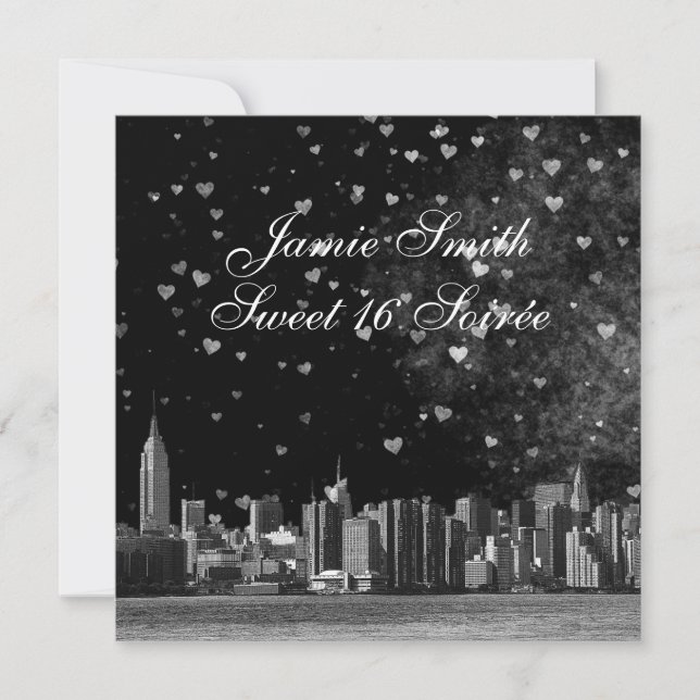 Invitation NYC Etched Skyline Black BG Wht Heart Sweet 16 SQ2 (Devant)