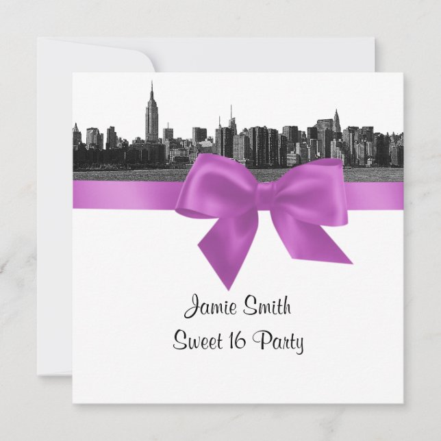 Invitation NYC large Skyline Etch BW Lilac Sweet sixteen SQ (Devant)