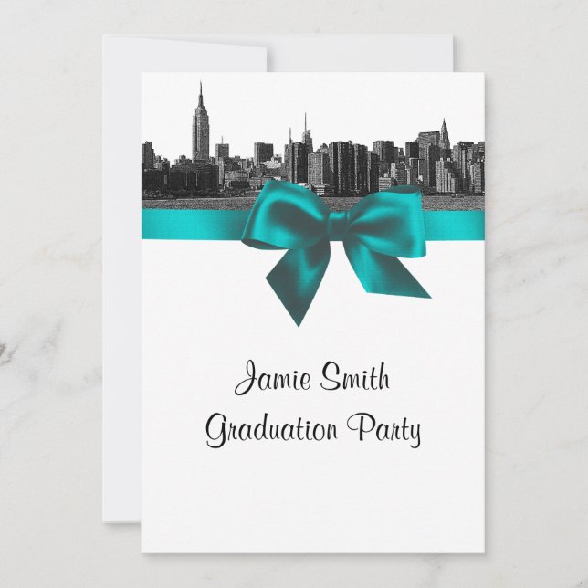 Invitation NYC large Skyline Etched BW Graduation Turquoise (Devant)