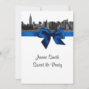 Invitation NYC large Skyline Etched BW Royal Blue Sweet 16