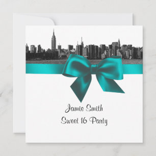 Invitation NYC large Skyline Etched BW Turquoise Sweet sixtee