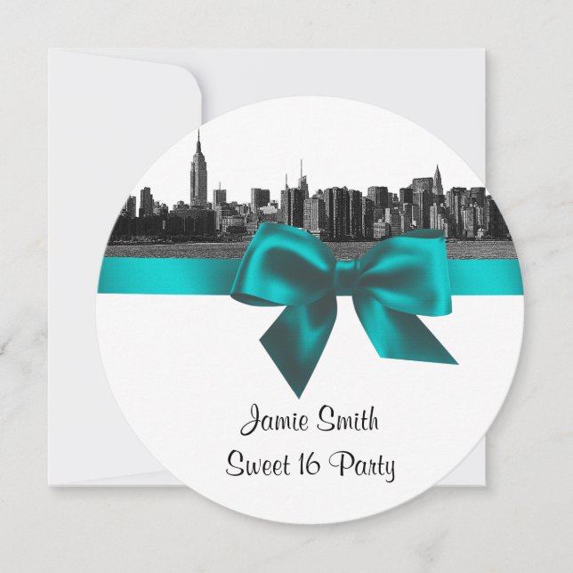 Invitation NYC large Skyline Etched BW Turquoise Sweet sixtee (Devant)