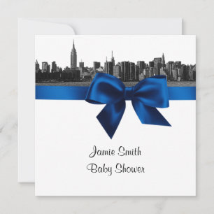 Invitation NYC large Skyline Etted BW Royal Bl Baby shower SQ
