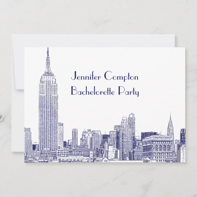 Invitation NYC Skyline 01 Etched Wht Bachelorette Party Blue (Devant)