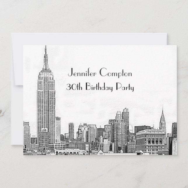 Invitation NYC Skyline 01 Etched Wht Birthday Party (Devant)