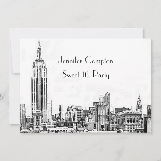 Invitation NYC Skyline 01 Etched Wht Sweet 16 Party (Devant)