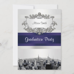 Invitation NYC Skyline 2 Blanc BG Blu Ribbn Graduation