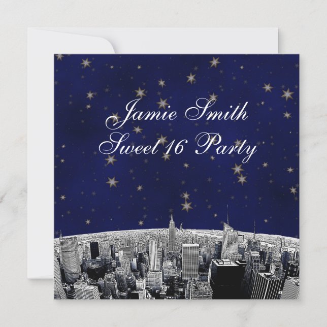 Invitation NYC Skyline 2 Blue Gold Star Sweet 16 Party (Devant)