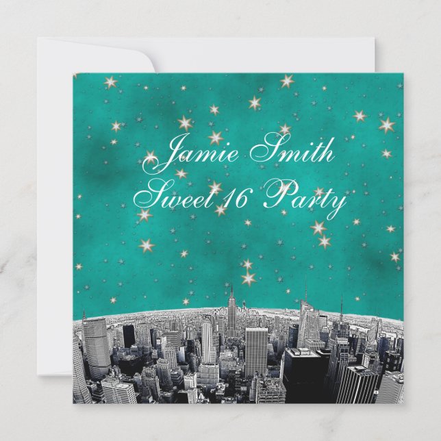 Invitation NYC Skyline 2 Turquoise Gold Star Sweet 16 (Devant)