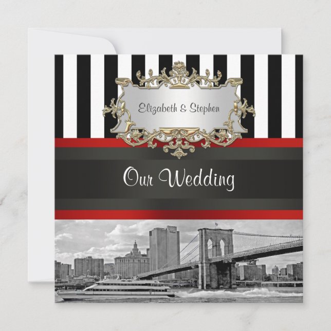 Invitation NYC Skyline Brooklyn Bridge Blk Mariage blanc (Devant)