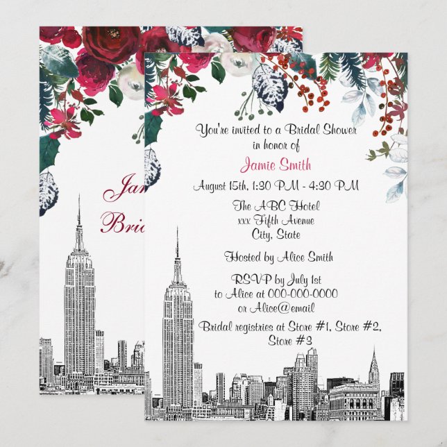Invitation NYC Skyline ESB Etch Burg Grn Fête des mariées flo (Devant / Derrière)