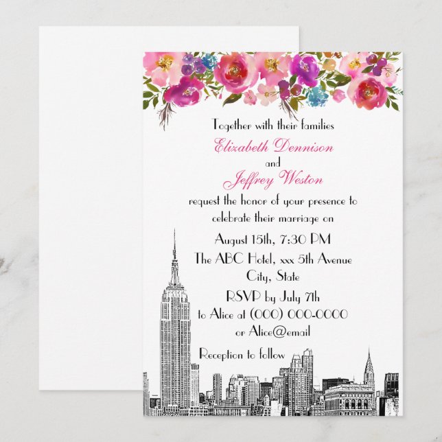 Invitation NYC Skyline ESB Etch Mariage floral rose printemps (Devant / Derrière)