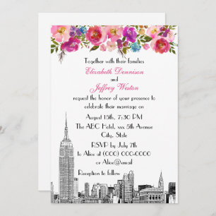 Invitation NYC Skyline ESB Etch Mariage floral rose printemps