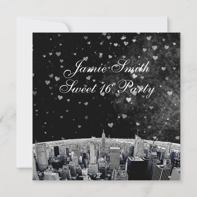 Invitation NYC Skyline Etched #2 Black White Heart Sweet 16 (Devant)