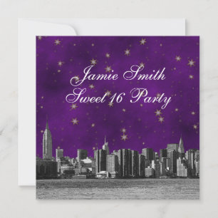 Invitation NYC Skyline Etched #3 Purple Gold Star Sweet 16