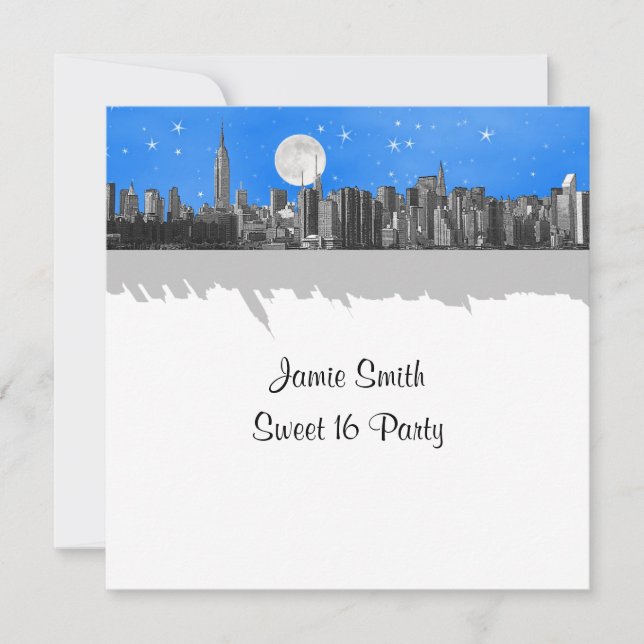 Invitation NYC Skyline Etched Look Lt Blue 2 Sweet 16 SQ (Devant)
