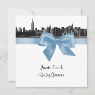 Invitation NYC Skyline large gravé BW Lt Blue Baby Shower SQ