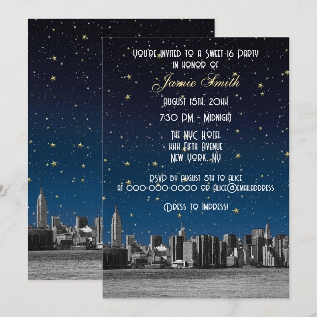 Invitation NYC Skyline no 3 Starry Blu Sunset Sweet 16 V (Devant / Derrière)