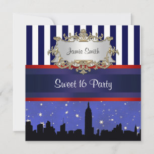 Invitation NYC Skyline Sil Blue Sky2 Blue Wht Stripe Sweet 16