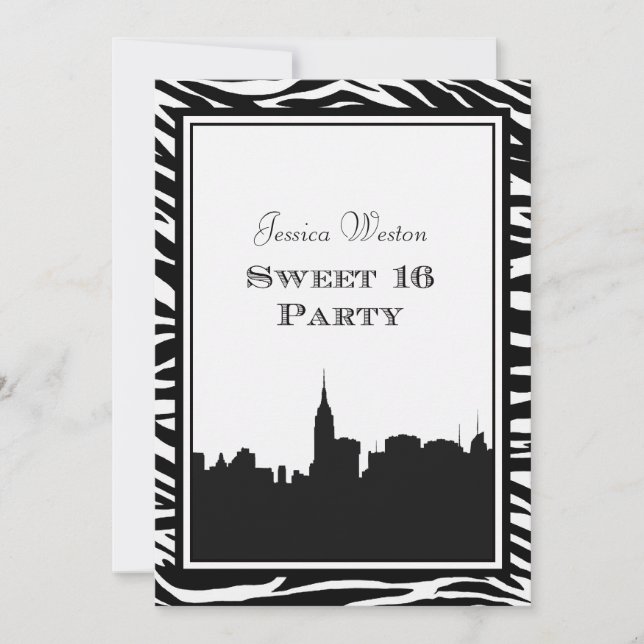 Invitation NYC Skyline Silhouette #2 Zebra Sweet 16 (Devant)
