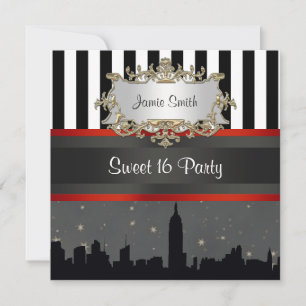 Invitation NYC Skyline Silhouette Blk Wht Stripe Sweet 16