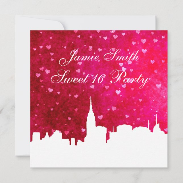Invitation NYC Skyline Silhouette Ht Rose Rouge Coeur Sweet 1 (Devant)