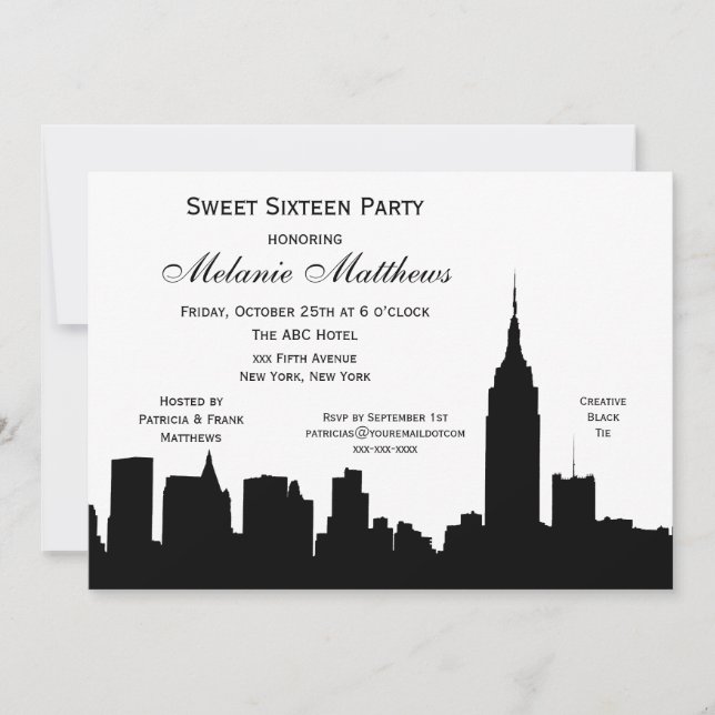Invitation NYC Skyline Silhouette Sweet sixteen (Devant)