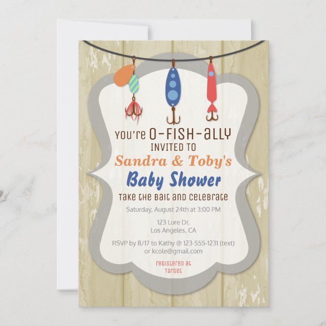 Invitation O-FISH-ALLY Fishing Baby Shower - Tan (Devant)