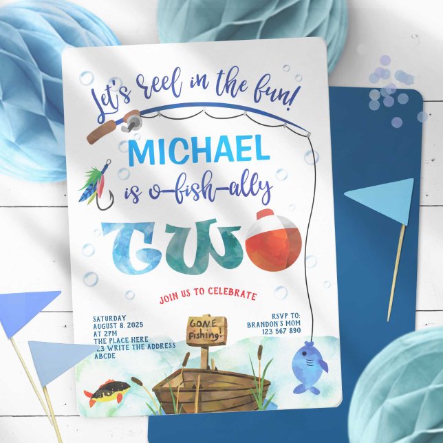 Invitation O-fish-ally, petit pêcheur, garçon 2e anniversaire (O-fish-ally, Fishing themed, boy 2nd birthday invitation.)