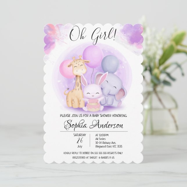 Invitation O Girl Elephant Giraffe Rabbit Baby shower de ball (Debout devant)
