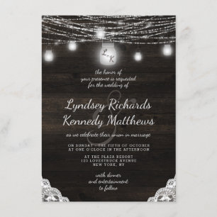 Invitation Oak Ridge Rustic Dark Wood & Mariage dentelle