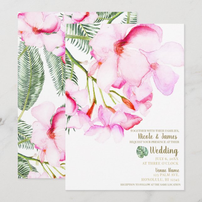 Invitation Oasis tropical vert rose Mariage floral hawaïen (Devant / Derrière)