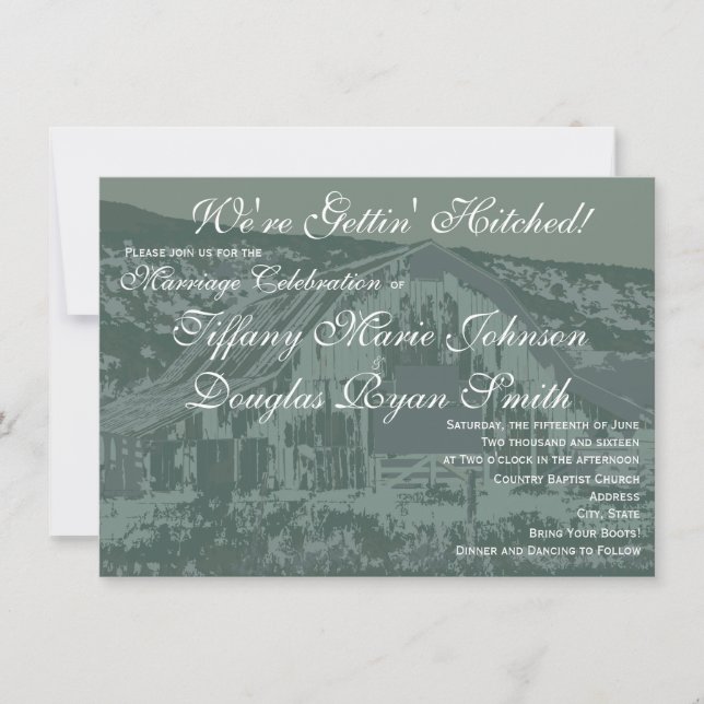 Invitation Obtenir Hitched Rustic Grange Mariage Invite Bleu (Devant)