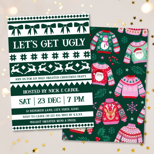 Invitation Obtenons des laides Noël laide Sweater Dark Green (Let's Get Ugly Christmas Ugly Sweater Dark Green Invitation)