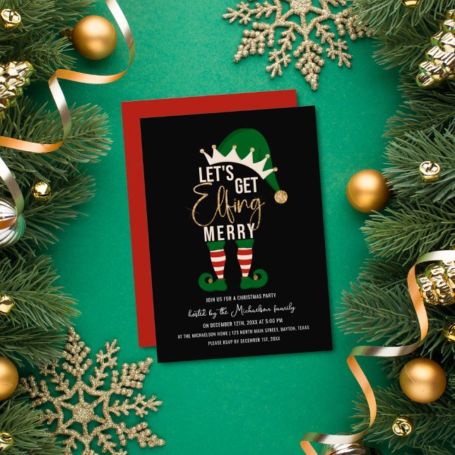 Invitation Obtenons Elfing Joyeux Elf Parties scintillant d'o (Créateur téléchargé)