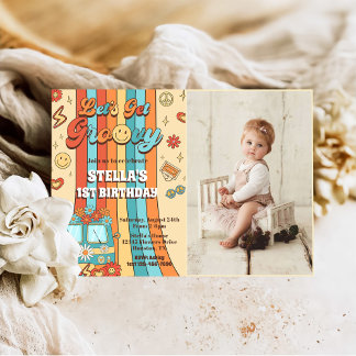 Invitation Obtenons Super Retro Rainbow 1er Anniversaire Phot