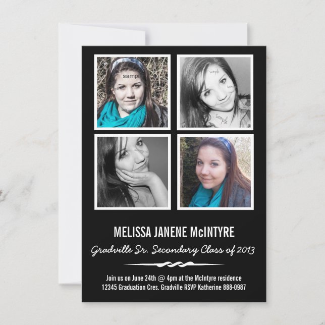 Invitation Obtention du diplôme de carrés de la photo quatre (Devant)