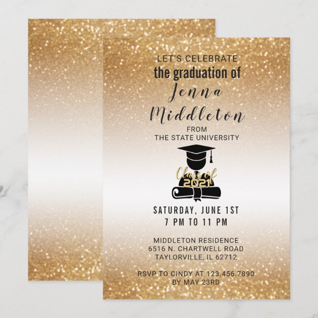 Invitation Obtention du diplôme de parties scintillantes d'or (Devant / Derrière)