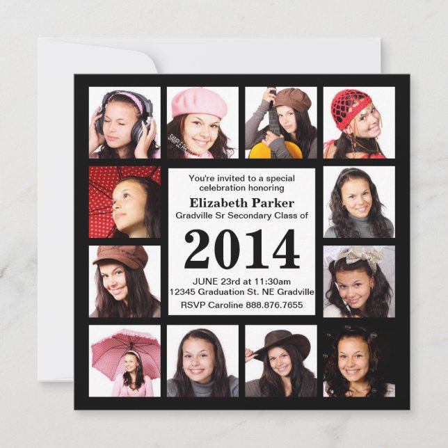 Invitation Obtention du diplôme noire moderne avec 12 photos (Devant)