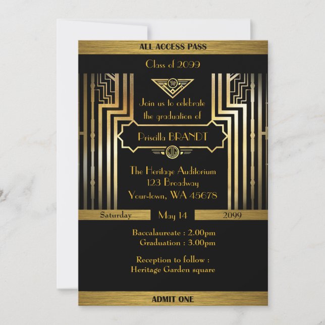 Invitation Obtention du diplôme, style de Gatsby, billet, or (Devant)