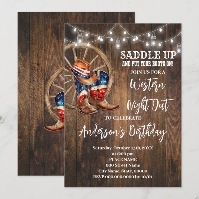 Invitation Occident Night Out Cowboy Patriotique Anniversaire (Devant / Derrière)