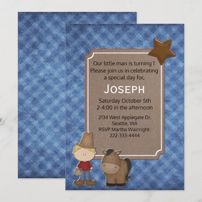 Invitation Occidental Theme Baby Boy First Birthday Invitatio (Devant / Derrière)