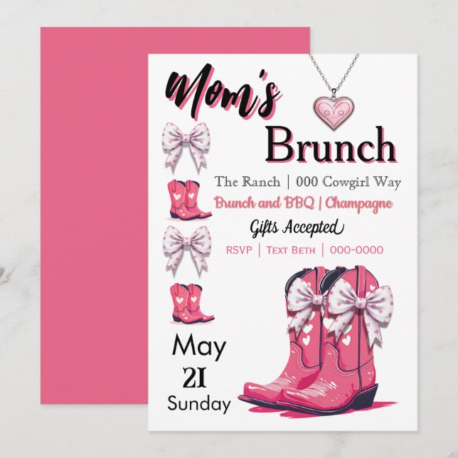 Invitation Occidental Thème rose Bows and Boots Fête de la Mè (Devant / Derrière)