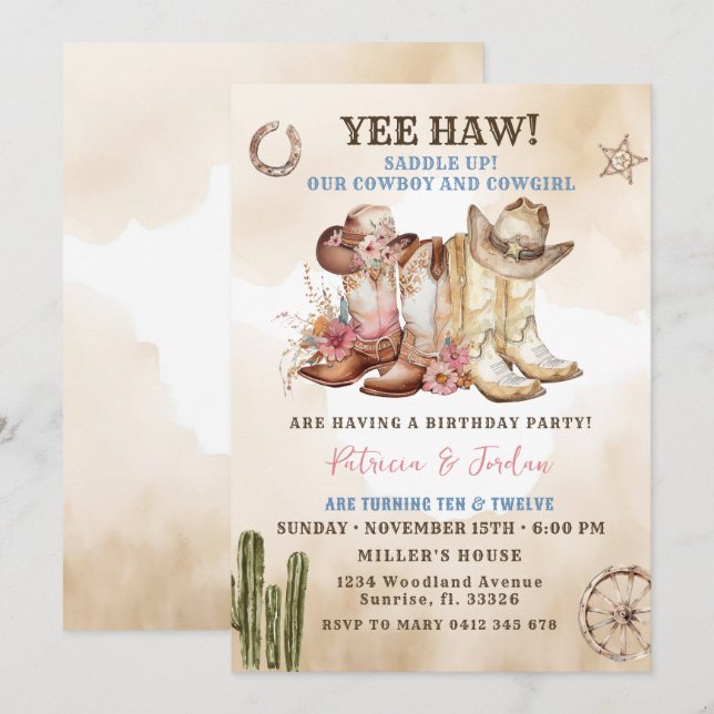 Invitation Occidentale Cowboy fille frère jumeau anniversaire (Devant / Derrière)