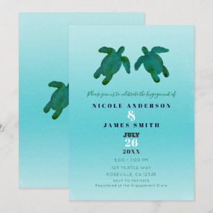 Invitation Océan Aquarelle Bleu Vert Tortues de Mer Fiançaill