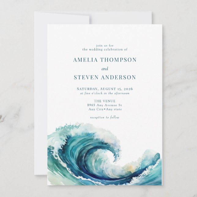 Invitation Océan aquarelle | Mariage bleu marine (Devant)