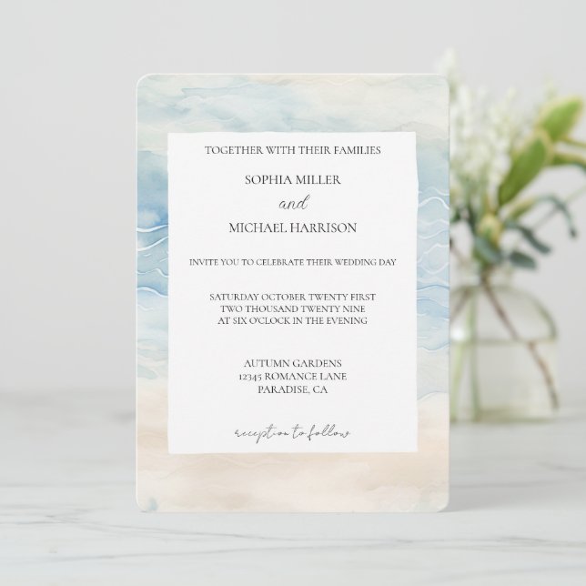 Invitation Ocean Beach Blue Cream Mariage de sable (Debout devant)